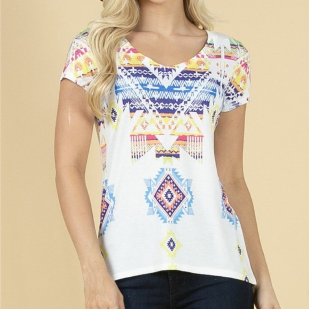 Aztec Print Graphic V Neck Ss Tee